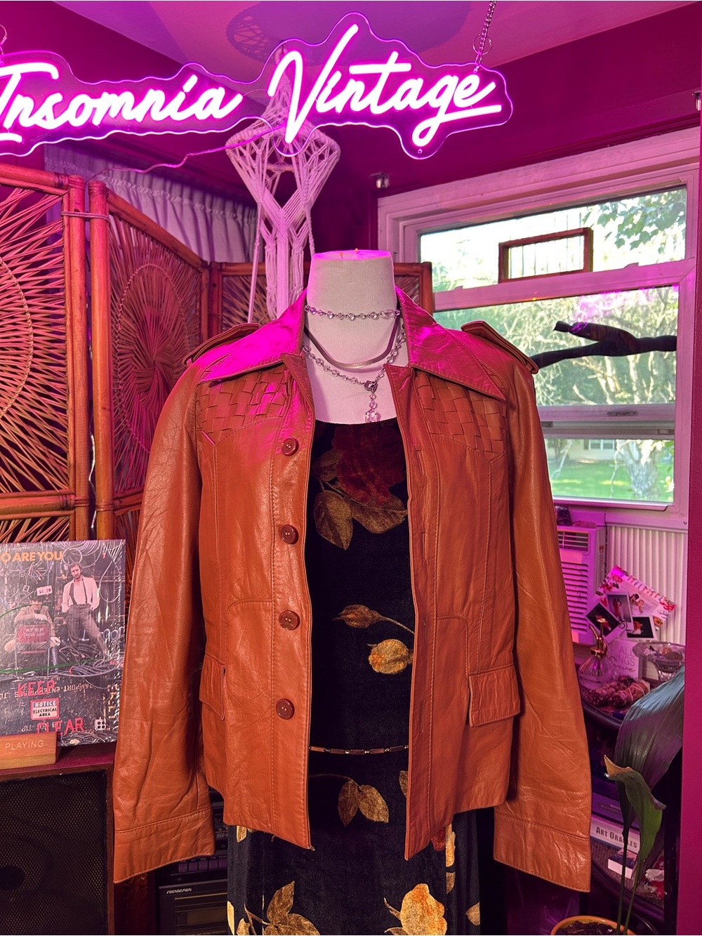Vintage 70s Cognac Brown Leather Jacket with Woven Shoulder Detail